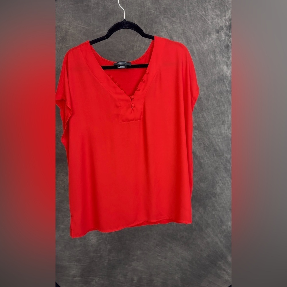 Michel Studio Collection | Scarlet Red Sheer V-Neck Button Front Blouse | 1X